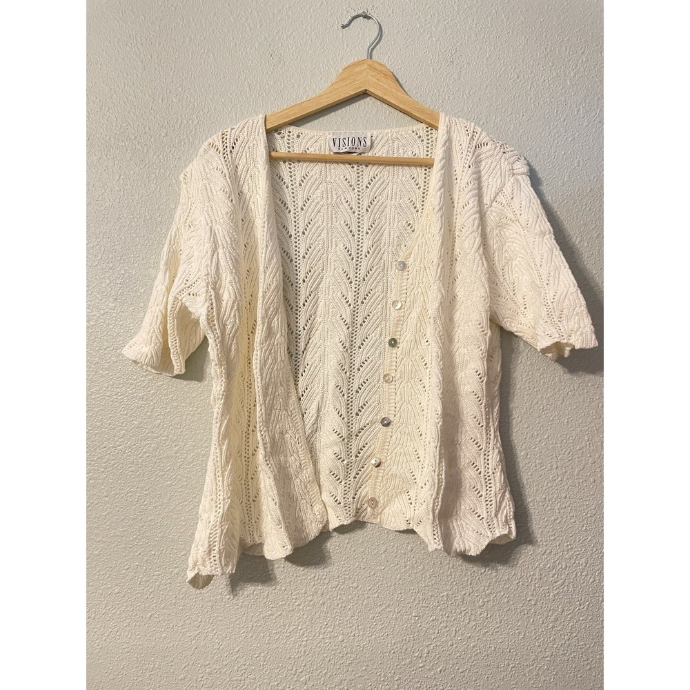 Vtg Visions NY‎ Crochet Knit Cardigan Cropped Petite LARGE Ivory Cottagecore y2k